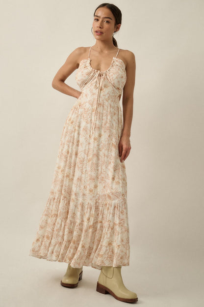 Cherished Blossoms Floral Crepe Halter Maxi Dress