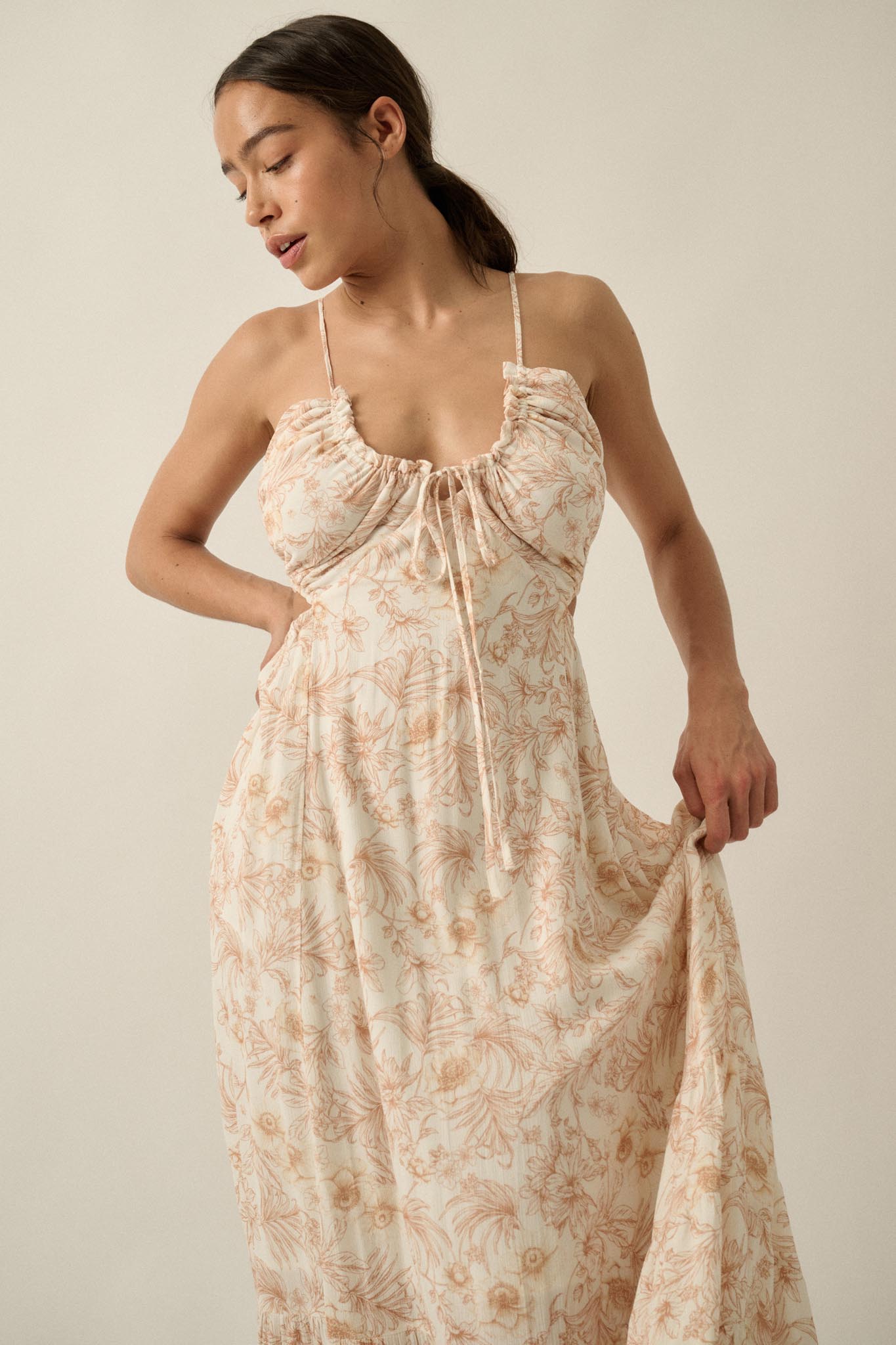 Cherished Blossoms Floral Crepe Halter Maxi Dress