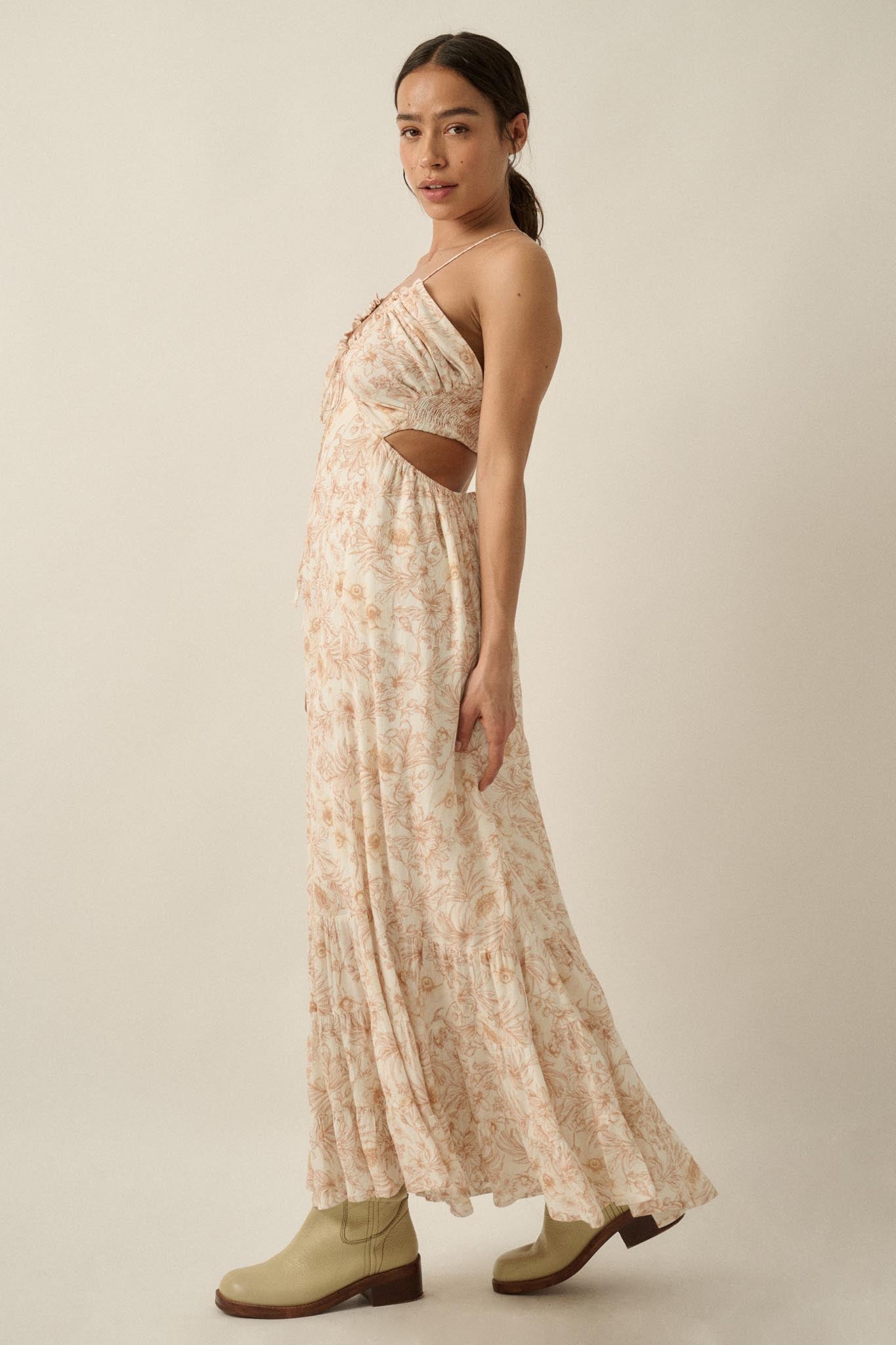 Cherished Blossoms Floral Crepe Halter Maxi Dress