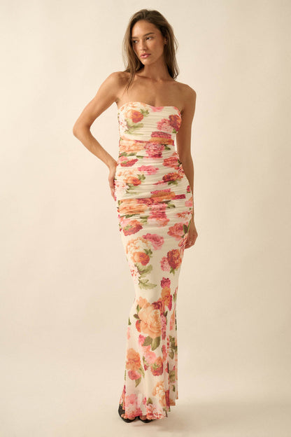 Garden Party Floral Mesh Ruched Strapless Maxi Dress