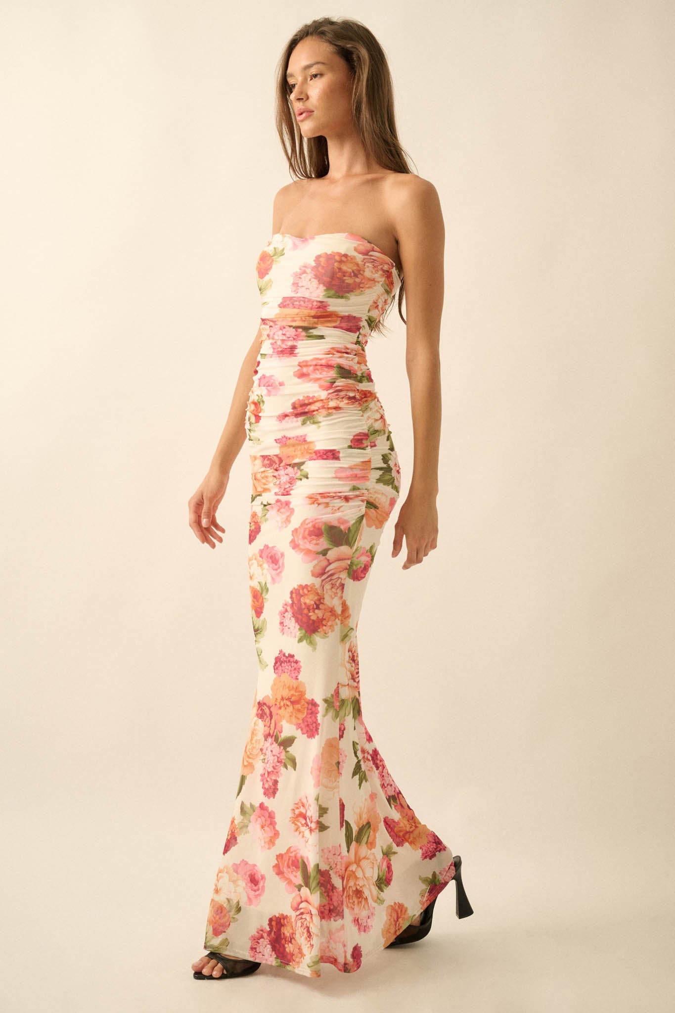 Garden Party Floral Mesh Ruched Strapless Maxi Dress
