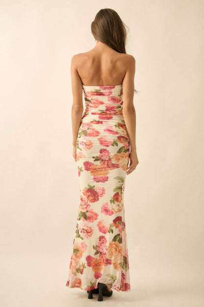 Garden Party Floral Mesh Ruched Strapless Maxi Dress