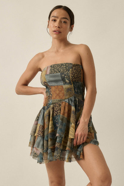 In the Mix Patchwork-Print Strapless Mini Dress