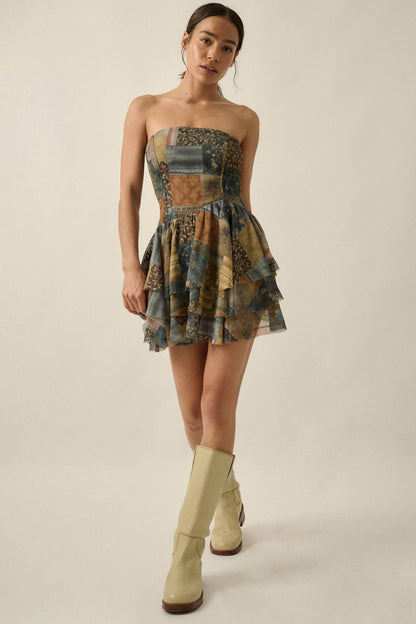 In the Mix Patchwork-Print Strapless Mini Dress