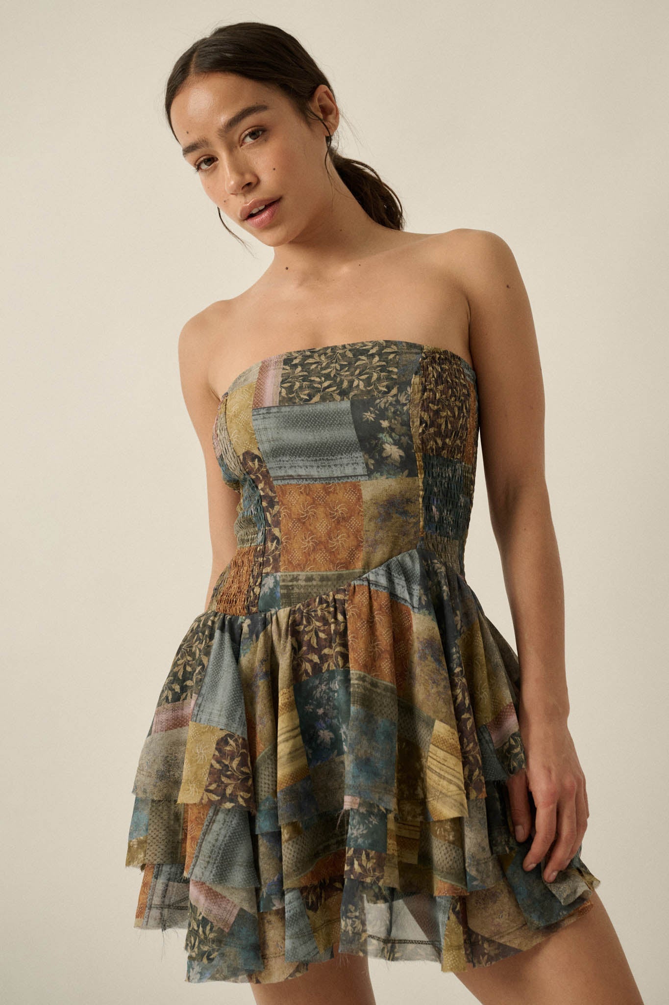In the Mix Patchwork-Print Strapless Mini Dress