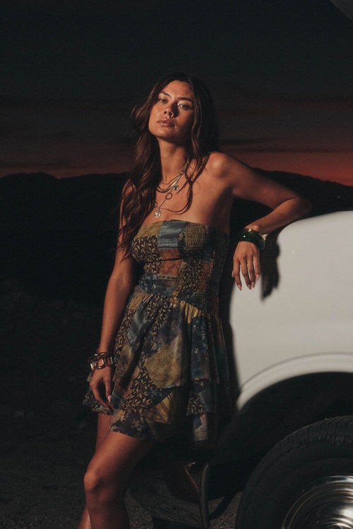 In the Mix Patchwork-Print Strapless Mini Dress