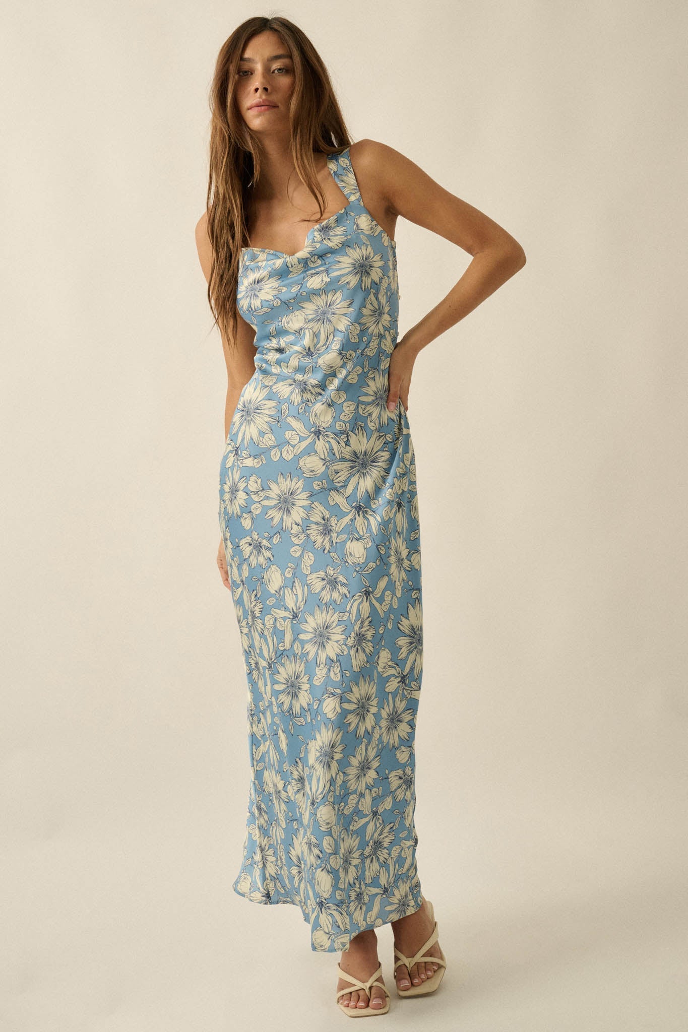Dreamy Daisy Floral Satin Lace-Up Back Maxi Dress