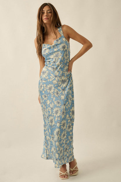 Dreamy Daisy Floral Satin Lace-Up Back Maxi Dress