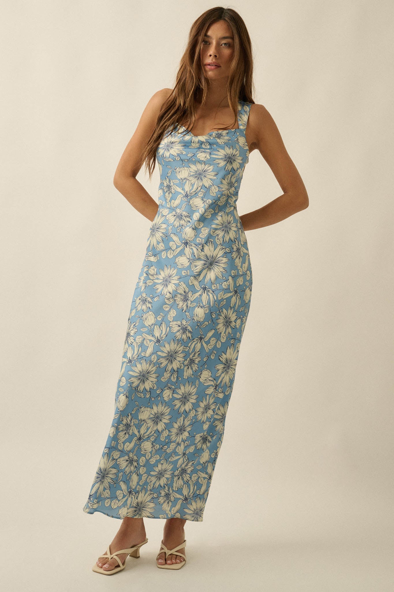 Dreamy Daisy Floral Satin Lace-Up Back Maxi Dress
