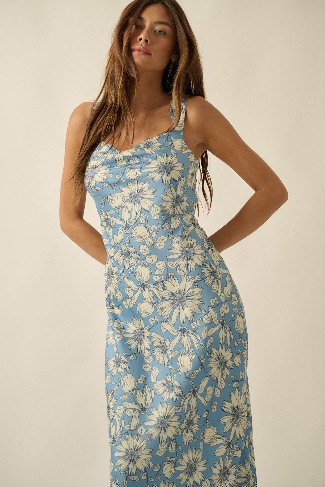 Dreamy Daisy Floral Satin Lace-Up Back Maxi Dress