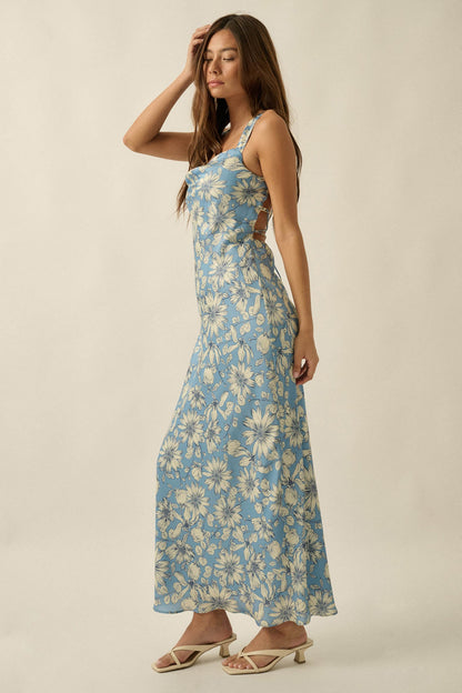 Dreamy Daisy Floral Satin Lace-Up Back Maxi Dress