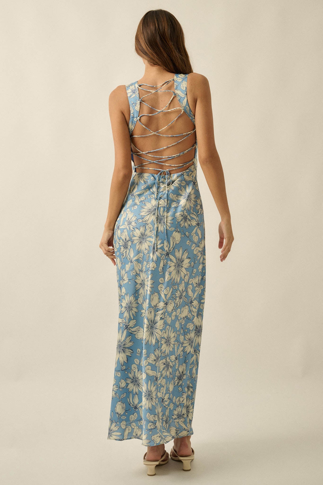 Dreamy Daisy Floral Satin Lace-Up Back Maxi Dress