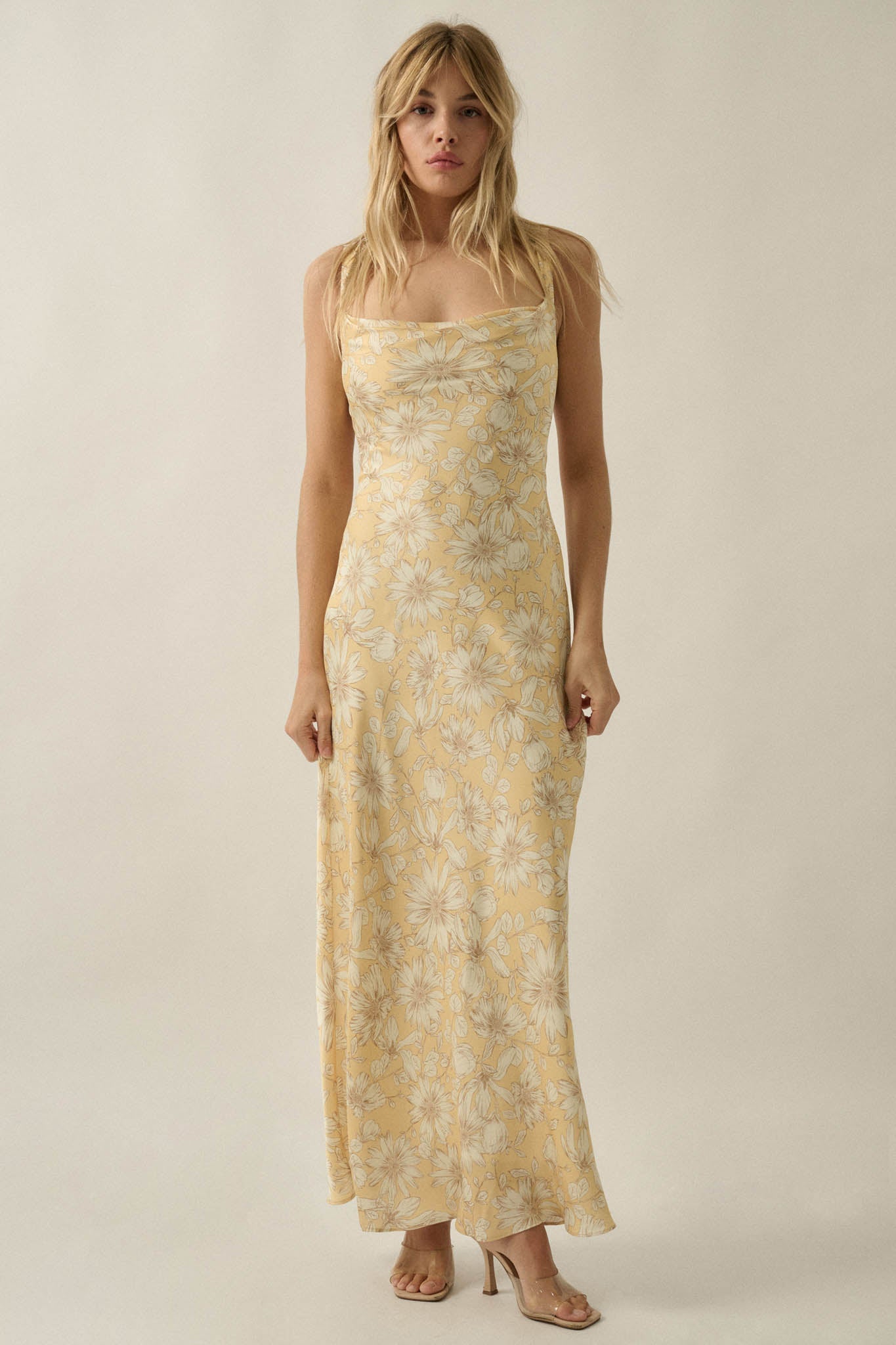 Dreamy Daisy Floral Satin Lace-Up Back Maxi Dress