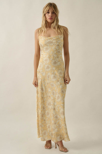 Dreamy Daisy Floral Satin Lace-Up Back Maxi Dress