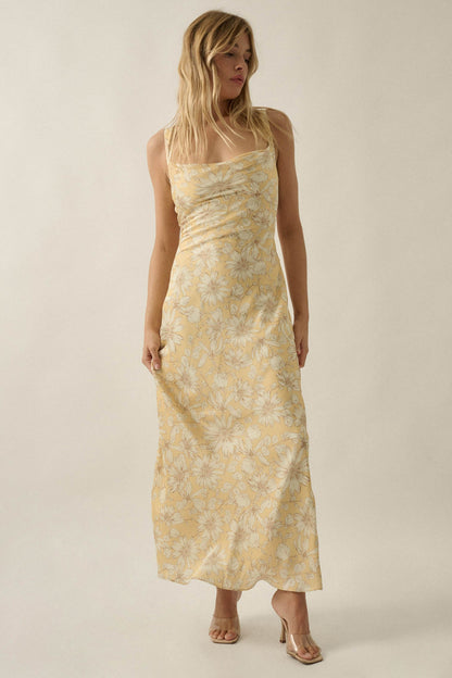 Dreamy Daisy Floral Satin Lace-Up Back Maxi Dress