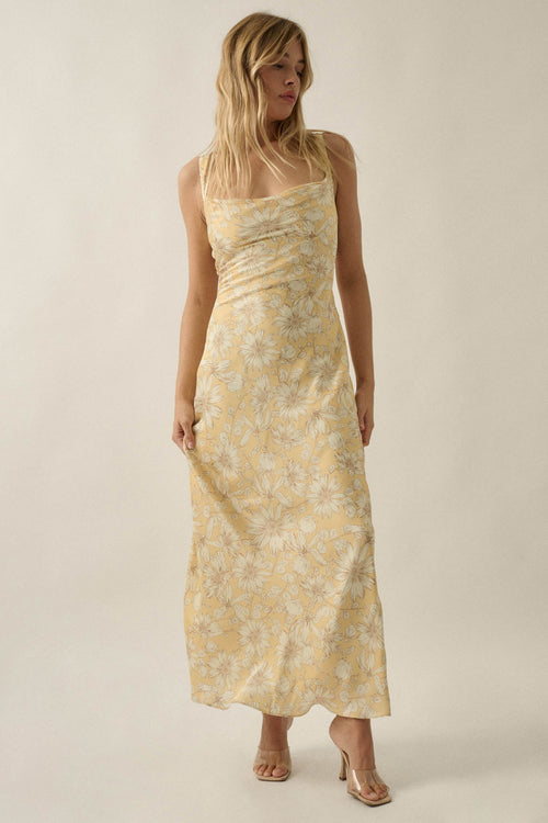 Dreamy Daisy Floral Satin Lace-Up Back Maxi Dress