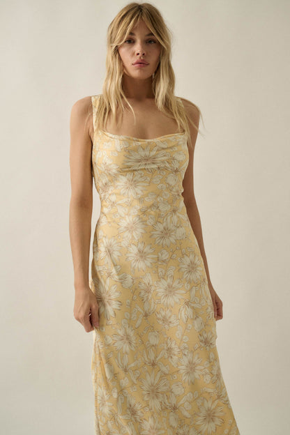 Dreamy Daisy Floral Satin Lace-Up Back Maxi Dress