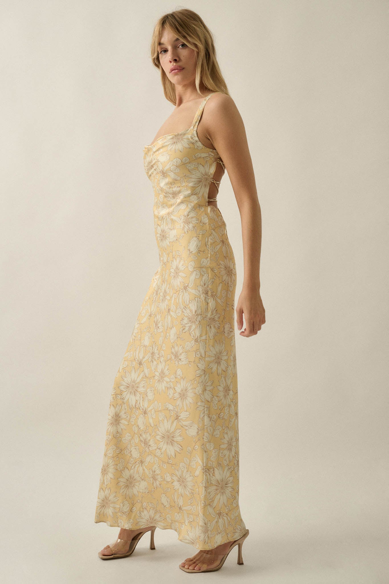 Dreamy Daisy Floral Satin Lace-Up Back Maxi Dress