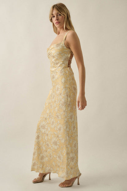 Dreamy Daisy Floral Satin Lace-Up Back Maxi Dress