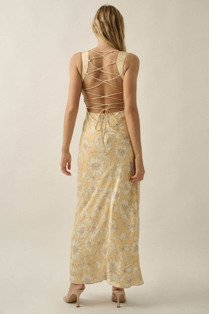 Dreamy Daisy Floral Satin Lace-Up Back Maxi Dress