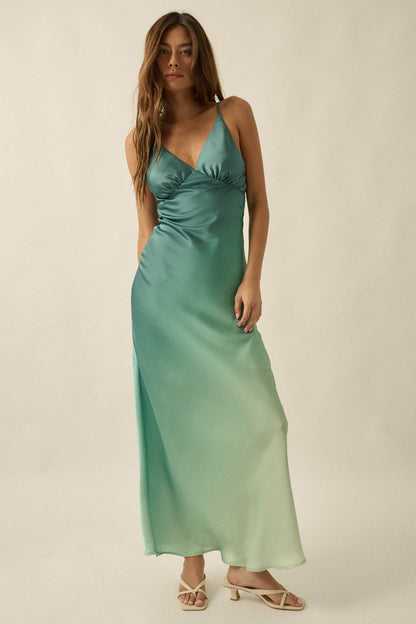 Afterglow Ombre Satin Bias-Cut Maxi Slip Dress