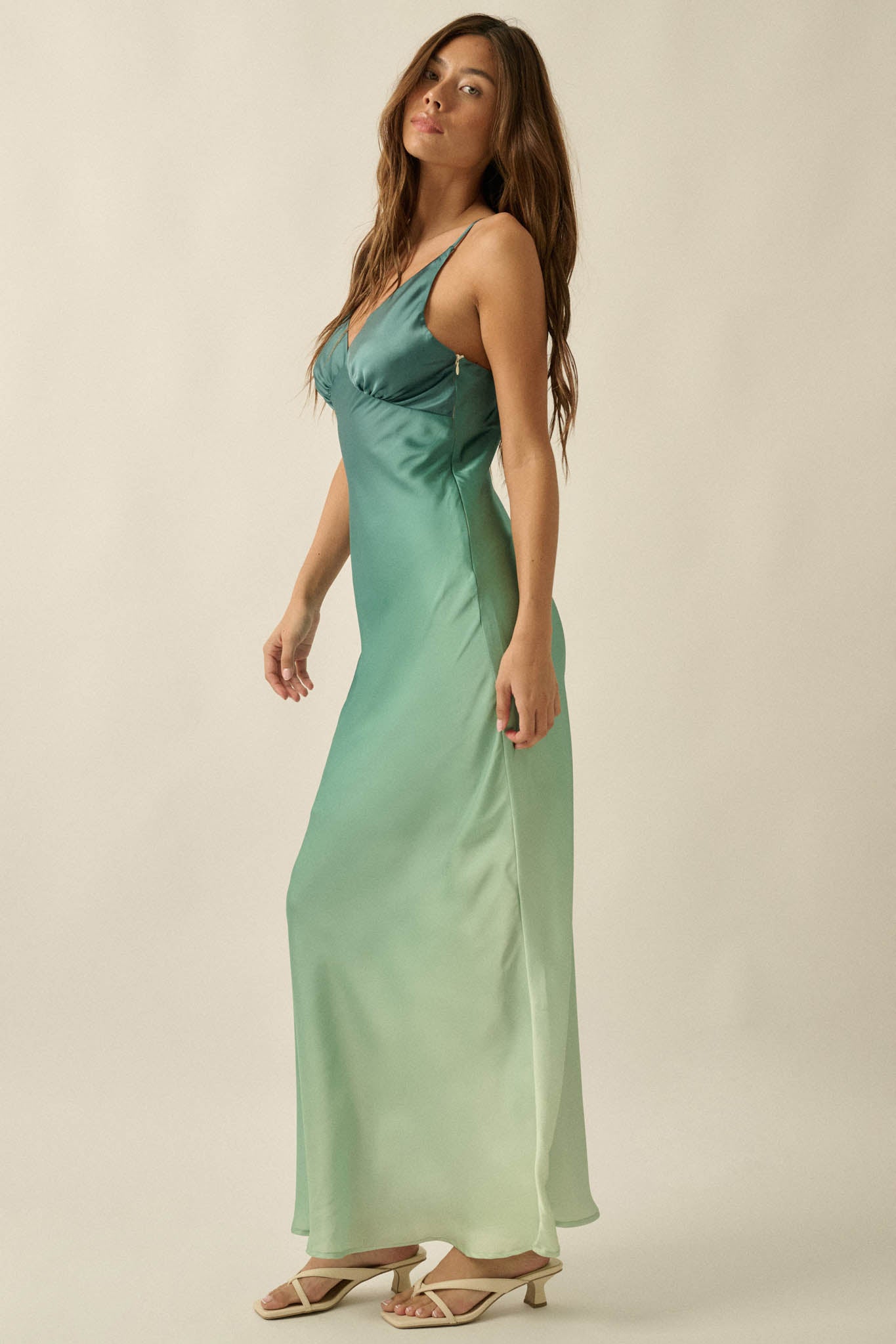 Afterglow Ombre Satin Bias-Cut Maxi Slip Dress