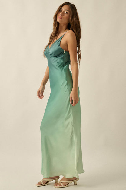 Afterglow Ombre Satin Bias-Cut Maxi Slip Dress