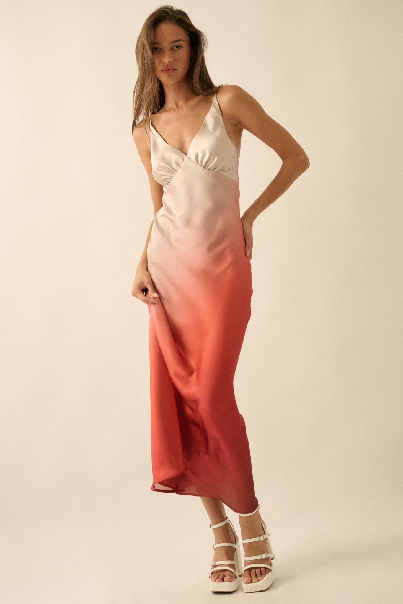 Afterglow Ombre Satin Bias-Cut Maxi Slip Dress