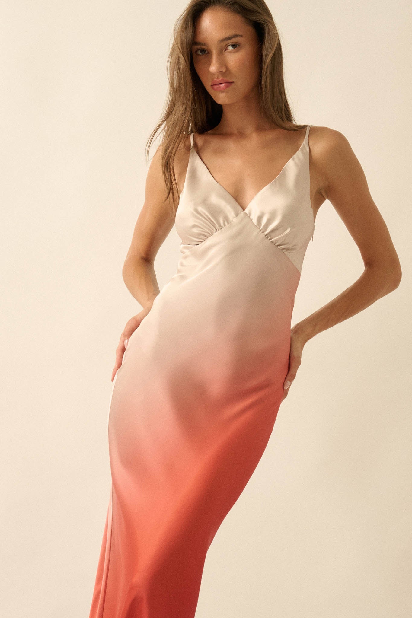 Afterglow Ombre Satin Bias-Cut Maxi Slip Dress