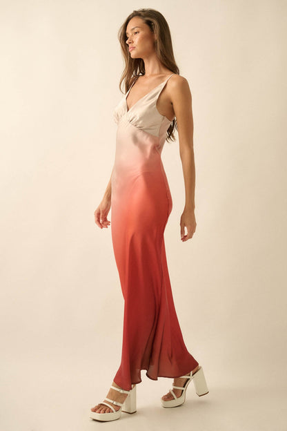 Afterglow Ombre Satin Bias-Cut Maxi Slip Dress