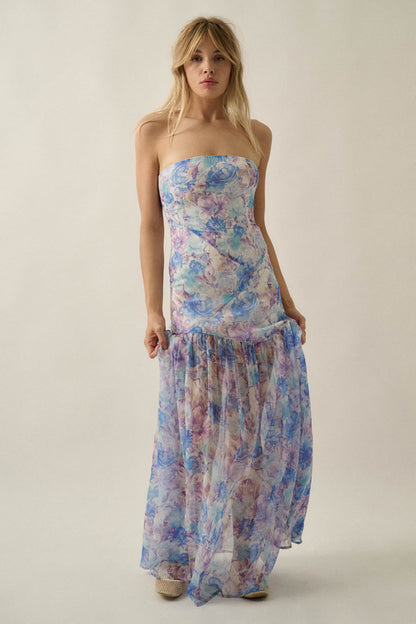 Pastel Petals Floral Chiffon Strapless Maxi Dress