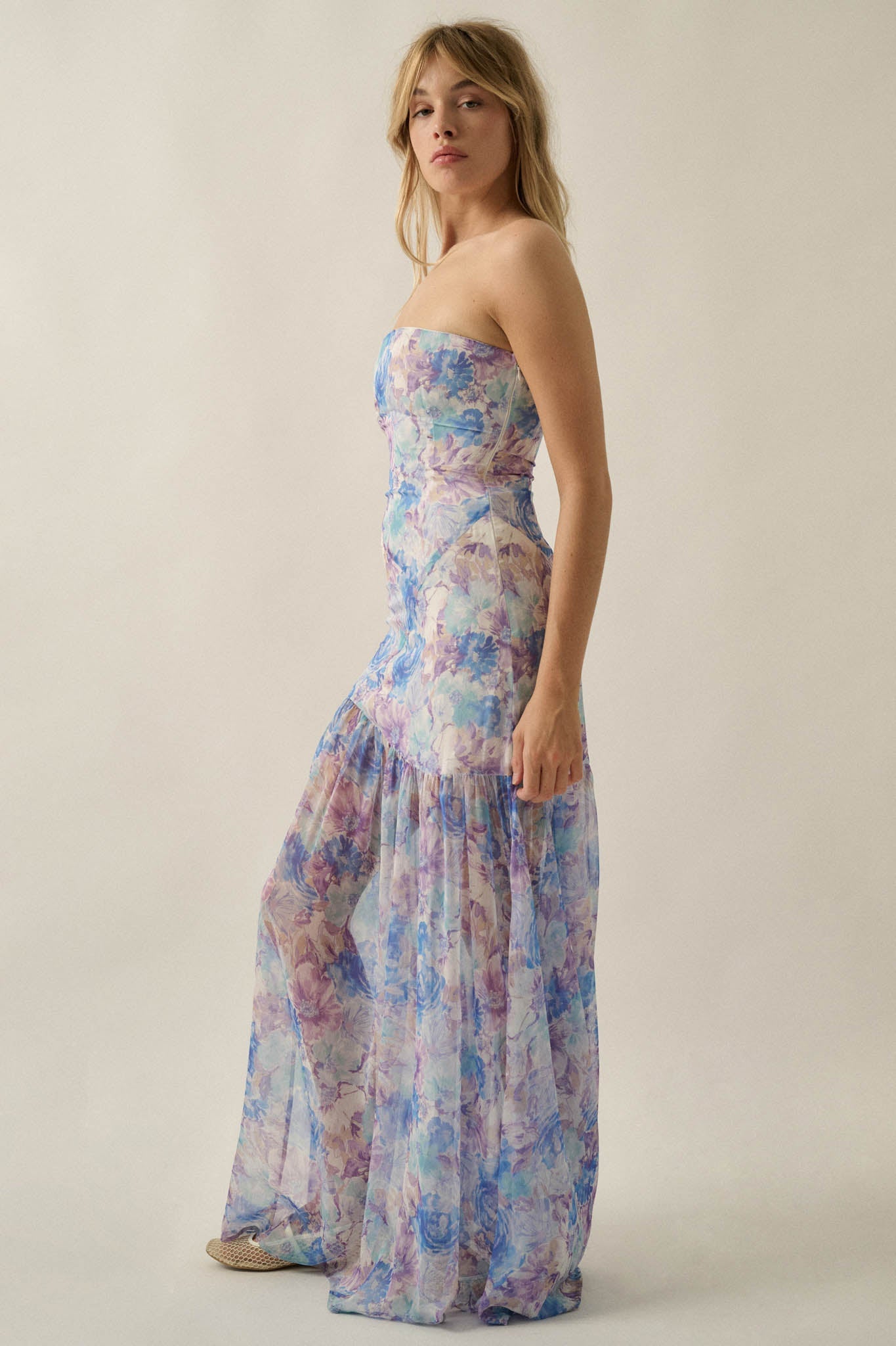 Pastel Petals Floral Chiffon Strapless Maxi Dress