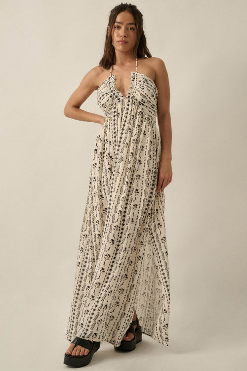 Growing My Way Floral-Stripe Crepe Halter Maxi Dress