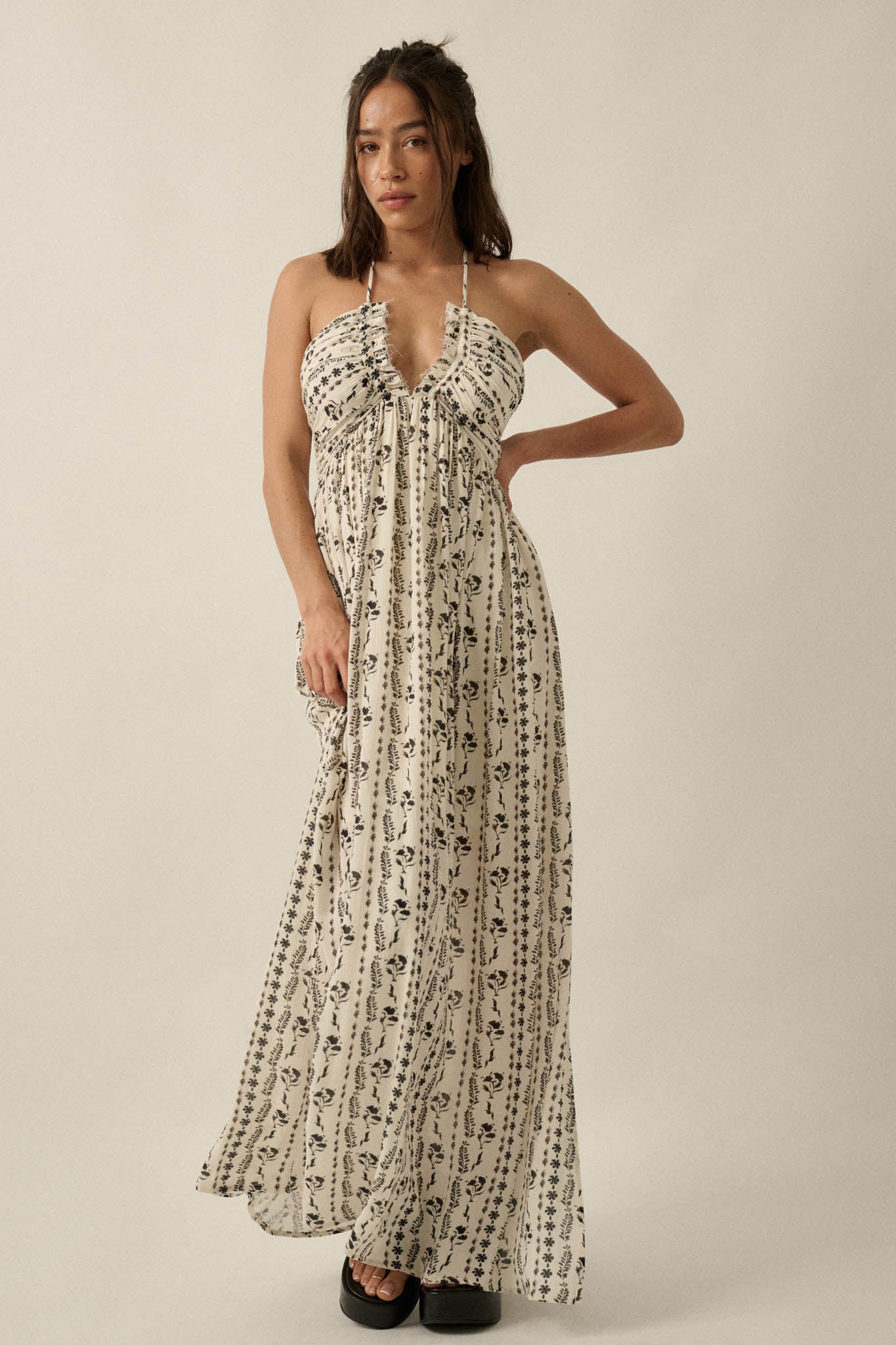 Growing My Way Floral-Stripe Crepe Halter Maxi Dress
