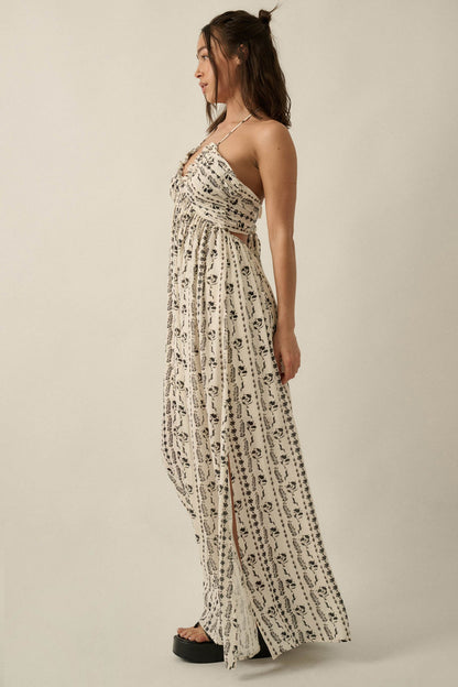 Growing My Way Floral-Stripe Crepe Halter Maxi Dress