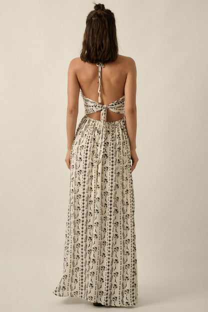 Growing My Way Floral-Stripe Crepe Halter Maxi Dress