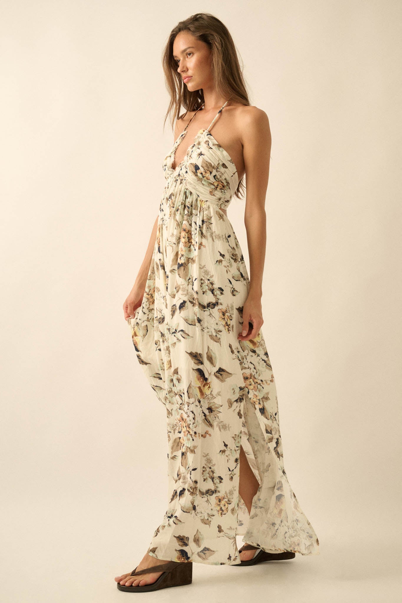 Linda Flora Floral Tie-Back Halter Maxi Dress