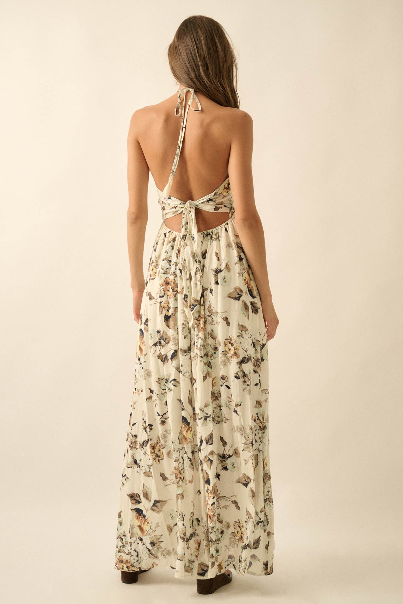 Linda Flora Floral Tie-Back Halter Maxi Dress