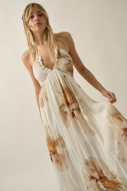 Dreams Abloom Floral Crepe Tie-Back Halter Maxi Dress