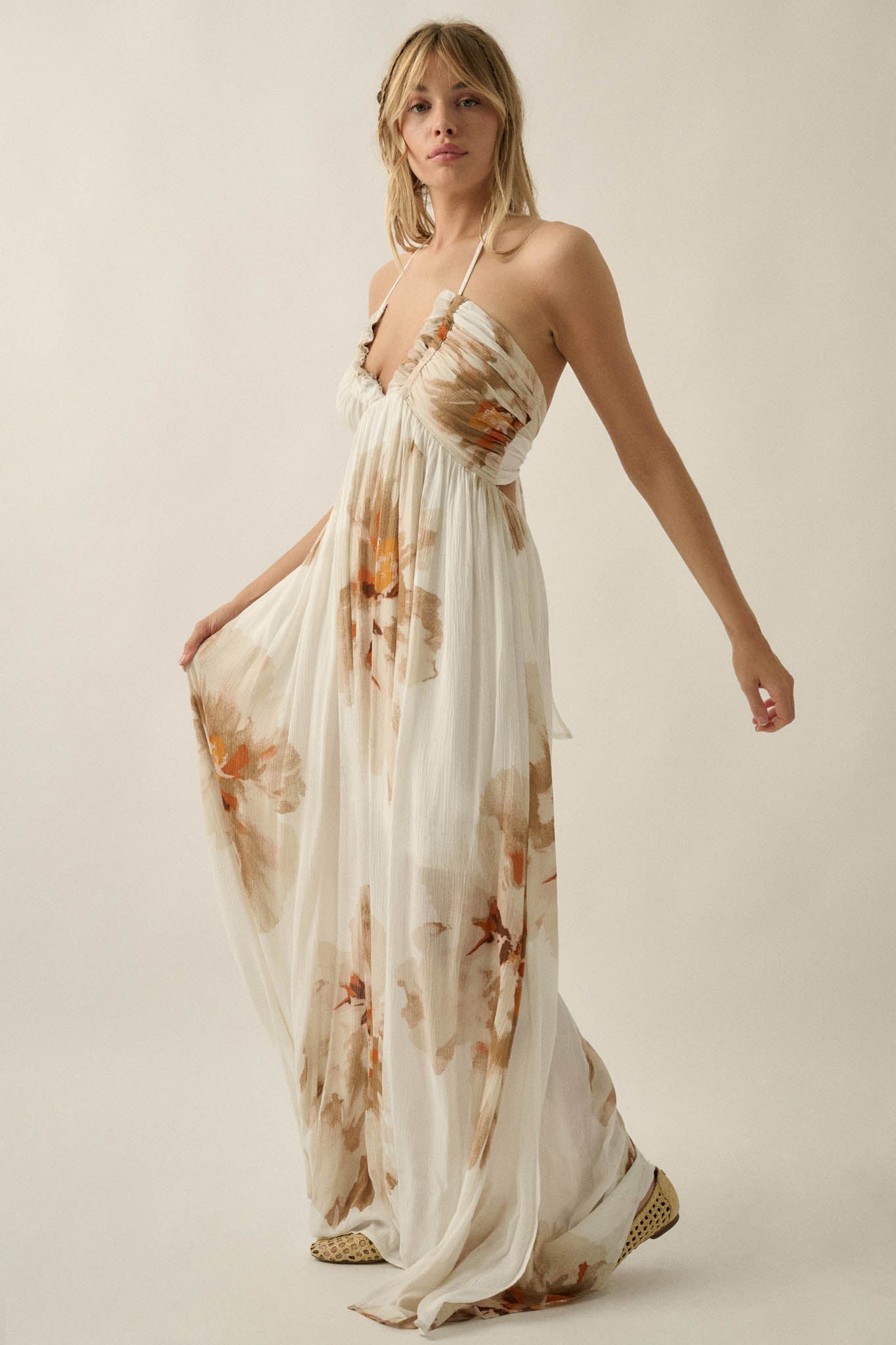 Dreams Abloom Floral Crepe Tie-Back Halter Maxi Dress