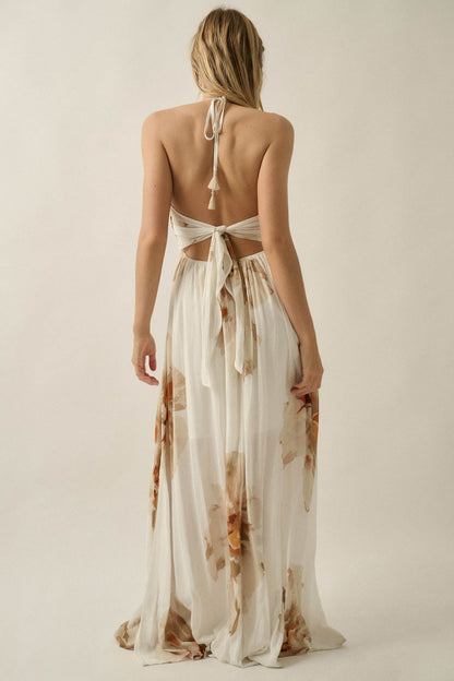 Dreams Abloom Floral Crepe Tie-Back Halter Maxi Dress