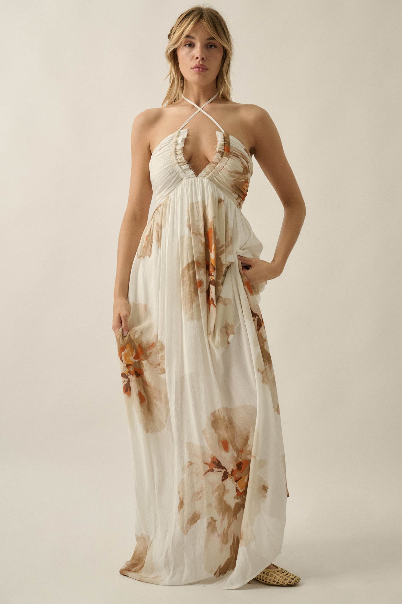 Dreams Abloom Floral Crepe Tie-Back Halter Maxi Dress