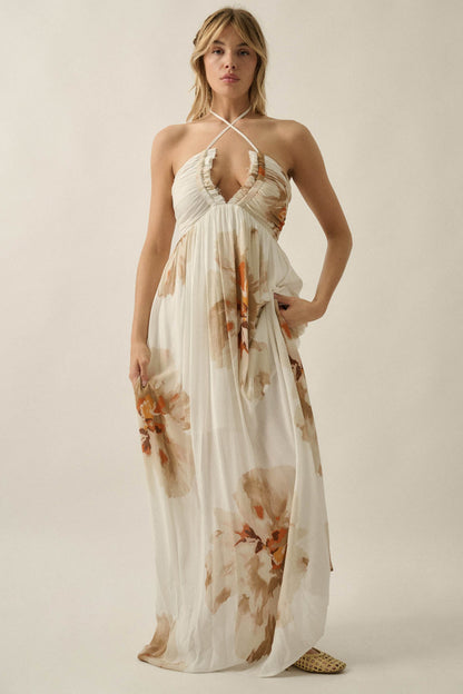 Dreams Abloom Floral Crepe Tie-Back Halter Maxi Dress