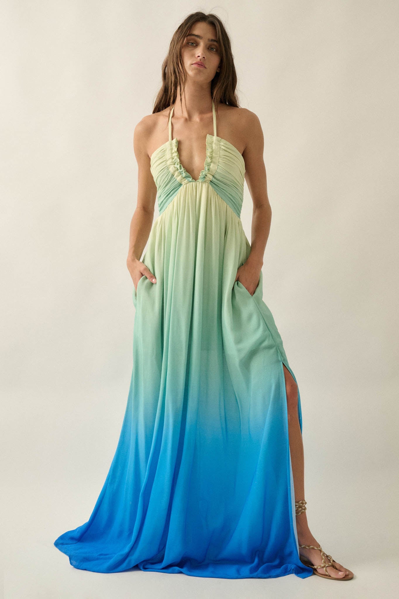 Shades of Summer Ombre Tie-Back Halter Maxi Dress