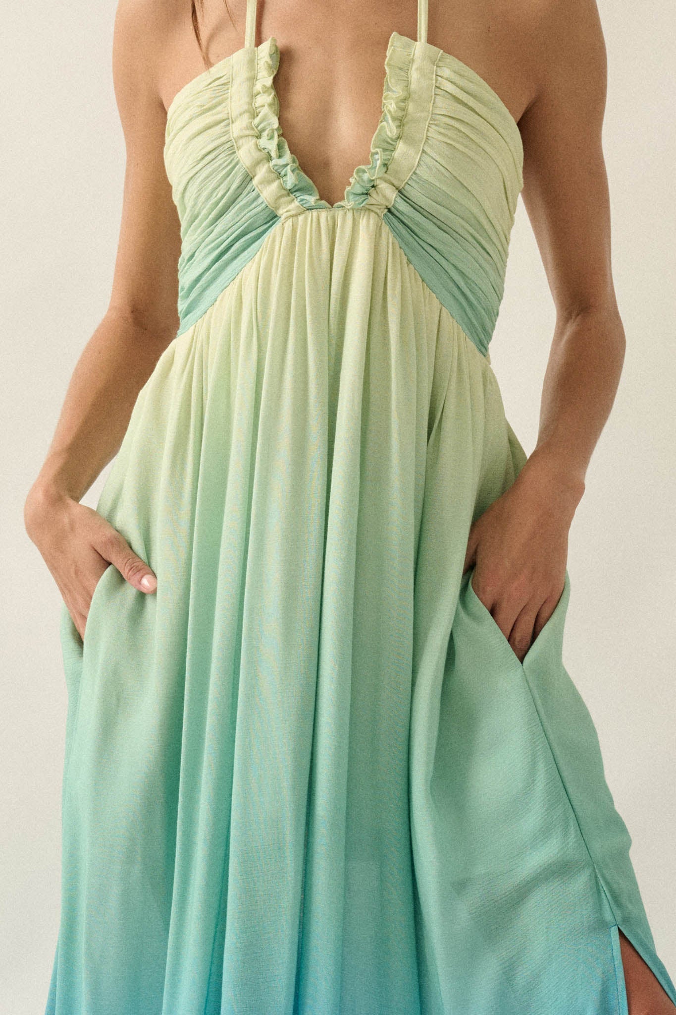 Shades of Summer Ombre Tie-Back Halter Maxi Dress