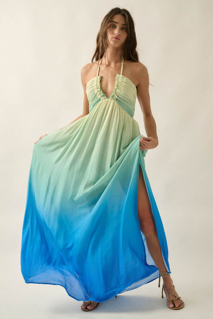 Shades of Summer Ombre Tie-Back Halter Maxi Dress