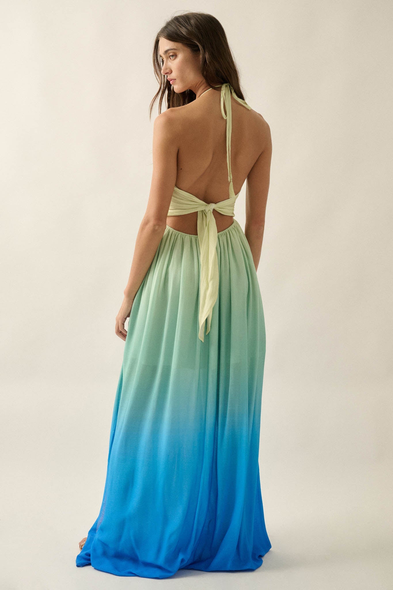 Shades of Summer Ombre Tie-Back Halter Maxi Dress