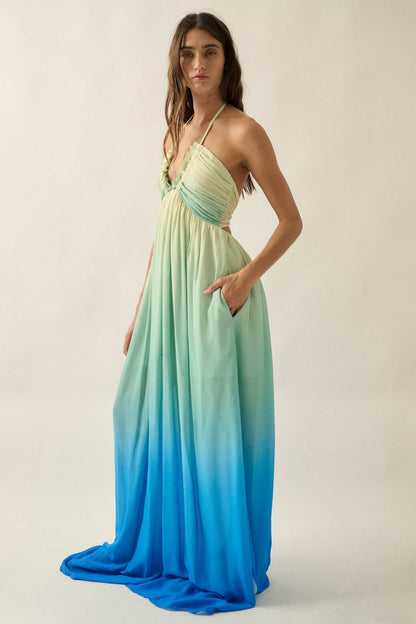 Shades of Summer Ombre Tie-Back Halter Maxi Dress