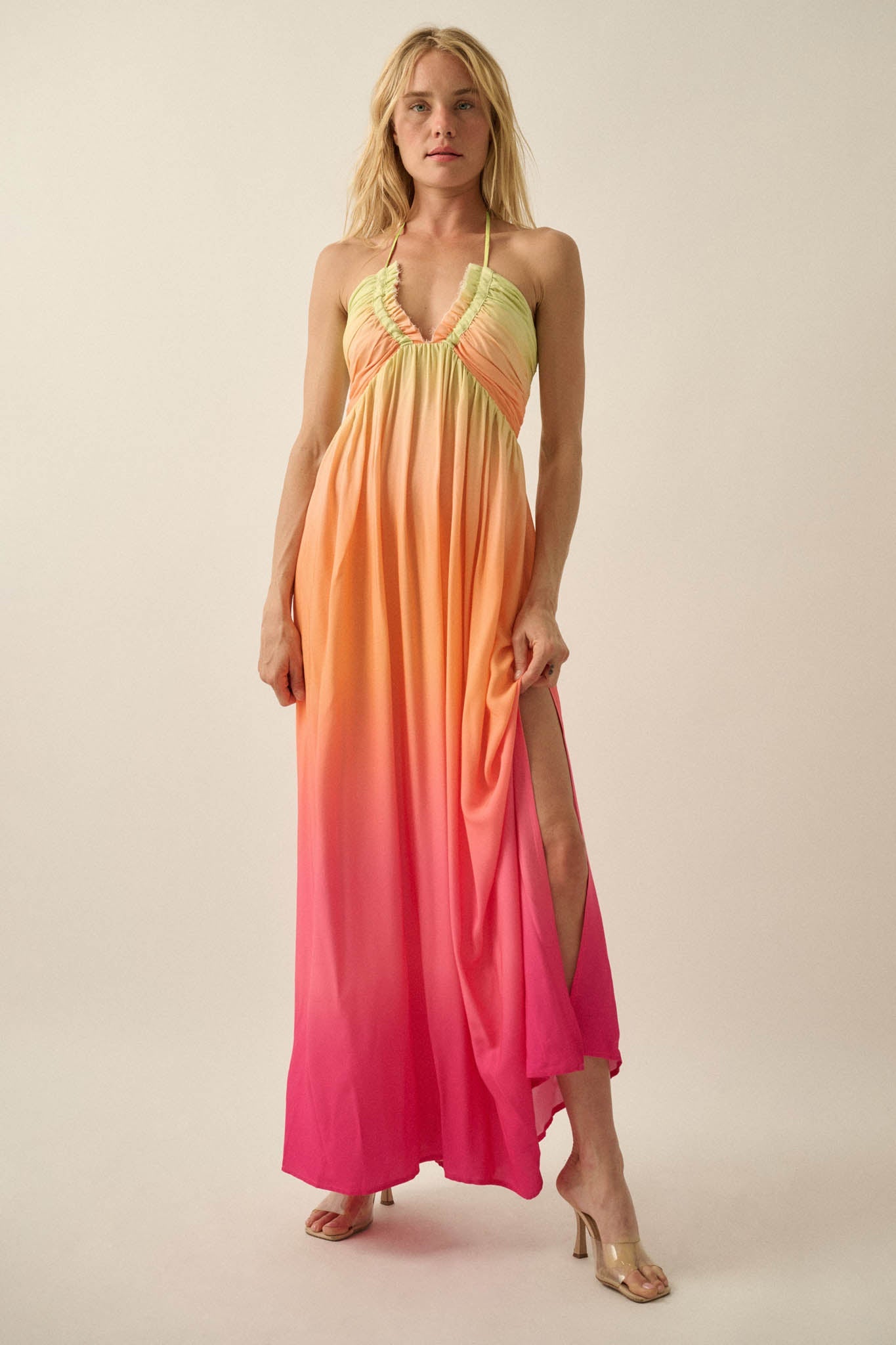 Shades of Summer Ombre Tie-Back Halter Maxi Dress