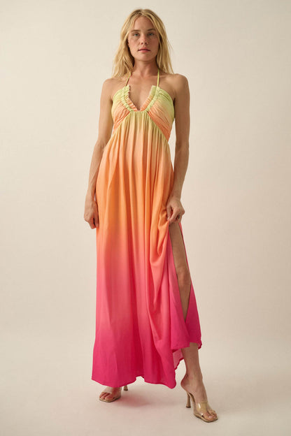 Shades of Summer Ombre Tie-Back Halter Maxi Dress
